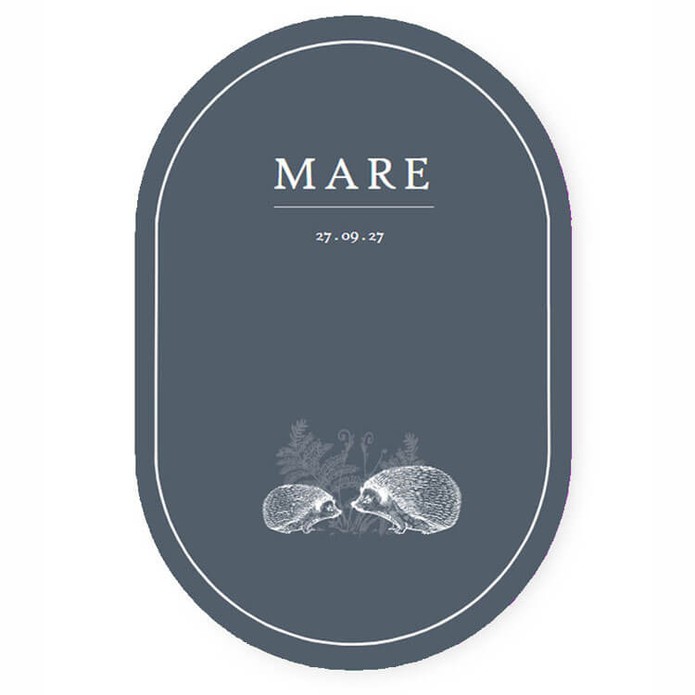 Ovaal geboortekaartje met egeltjes. Alle bosdieren tekeningetjes zijn te selecteren wanneer je liever iets anders wil afbeelden. Ook de kleur is aan te passen van zowel de achtergrond als het kadertje. Een bijzondere vorm geboortekaartje voor een bijzonde