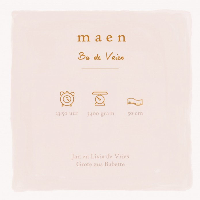 Geboortekaartje bohemian met babykleertjes, babykamer spulletjes in boho stijl in warme pastel tinten. Een lief geboortekaartje waar je met behulp van de beeldbank jouw eigen draai aan kan geven. Een bedje en een kapstokje of alleen het wandrekje met baby