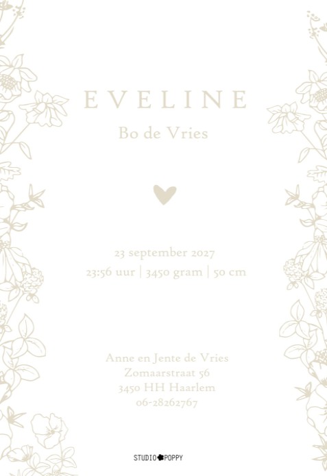 Een heel stijlvol geboortekaartje met handgetekend monogram. Het monogram is er uiteraard in alle letters van het alfabet. Kijk even in de beeldbank onder alfabet voor jouw letter. De letter is ook om te zetten in folie.