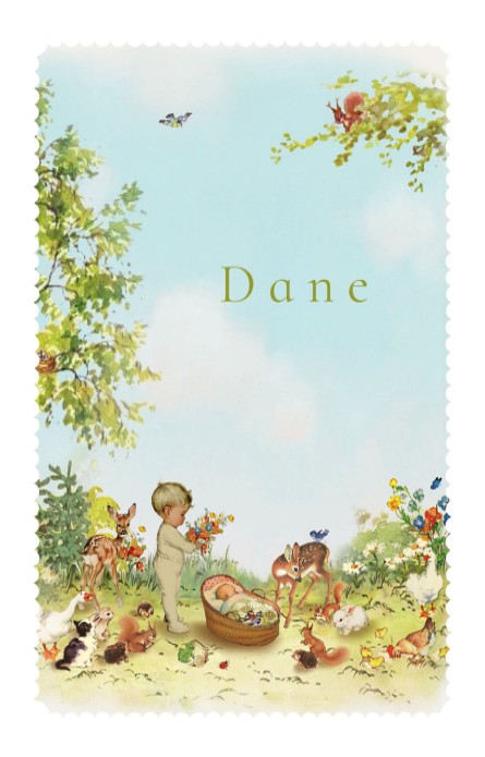 Prachtige illustratie met mozeswiegje in het bos. Een lieve illustratie van bloemen en planten en dieren die rondom het mandje staan met de pasgeboren baby.