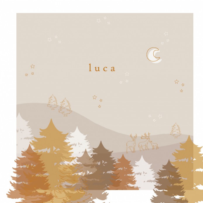 Geboortekaartje woud met dennen en herten