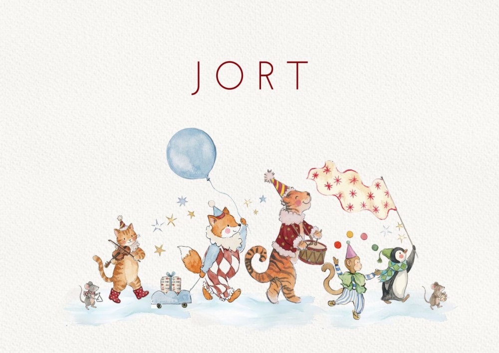 Een fantasierijk geboortekaartje met dieren die in een stoet lopen en muziek maken. Tijger, muis en vos lopen in parade achter elkaar aan. Een illustratief, dromerig geboortekaartje in watercolor stijl. Een vrolijk geboortekaartje voor jullie pasgeboren b