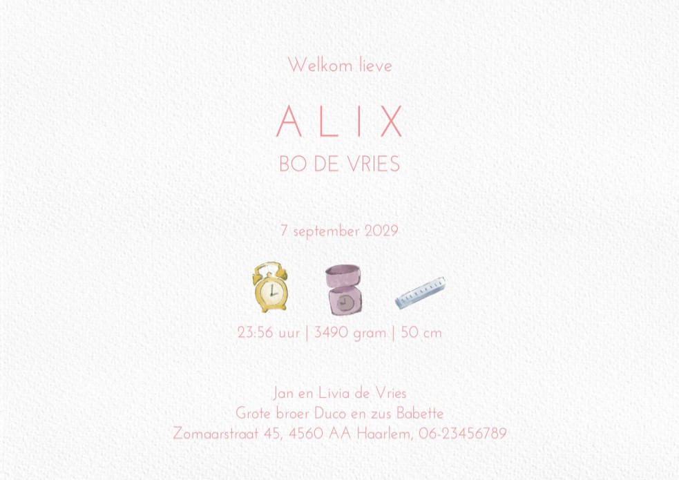 Geboortekaartje ooievaar met tros ballonnen. De gele, roze en oranje ballonnen maken het een een kleurrijk geheel. Een feestelijk illustratief geboortekaartje waarin een ballon door de lucht vliegt.