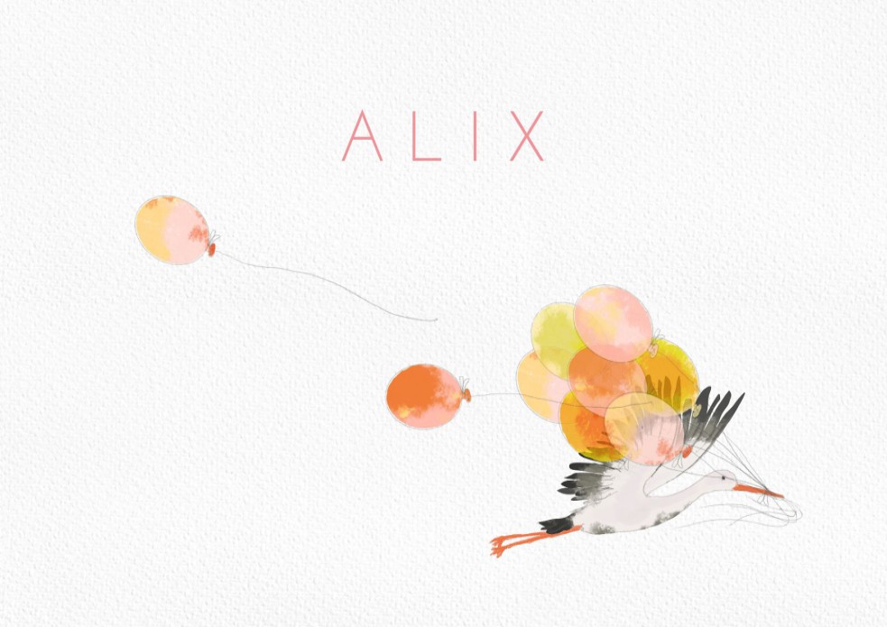 Geboortekaartje ooievaar met tros ballonnen. De gele, roze en oranje ballonnen maken het een een kleurrijk geheel. Een feestelijk illustratief geboortekaartje waarin een ballon door de lucht vliegt.