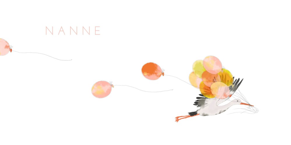 Geboortekaartje ooievaar met tros ballonnen. De gele, roze en oranje ballonnen maken het een een kleurrijk geheel. Een feestelijk illustratief geboortekaartje waarin een ballon door de lucht vliegt.