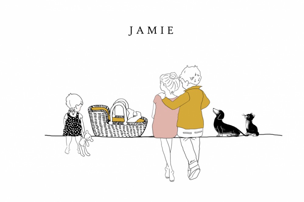 Geboortekaartje ouders, zus met reiswiegje