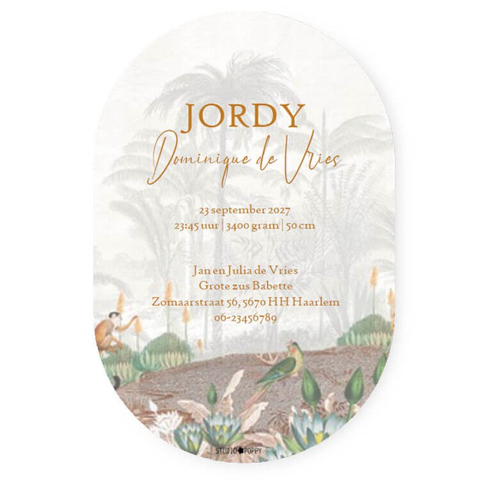 Een uniek geboortekaartje jungle in ovaal vorm! Dat is weer eens wat anders dan vierkant of rechthoek. De kaart past perfect in een envelop horende bij kaartformaat 10x15cm. Prachtige illustraties van botanische jungle maakt het een bijzonder geboortekaar