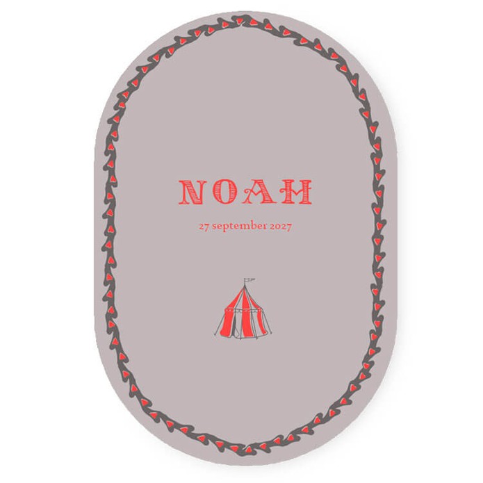 Ovaal geboortekaartje vintage circus. Sprekende kleuren en treffende afbeeldingen in offset neon kleur look. De vorm is zacht en lief en bijzonder formaat geboortekaartje. Experimenteer zelf met kleuren en vraag eens een proefkaartje aan.