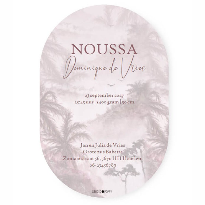 Uniek geboortekaartje in ovaal vorm gestanst. Luchtballon dat over de jungle vliegt is een illustratief vintage retro geboortekaartje in prachtige kleuren. Je kunt zelf in de editor tekst en afbeeldingen aanpassen. Vraag eens een proefdruk aan en laat hem