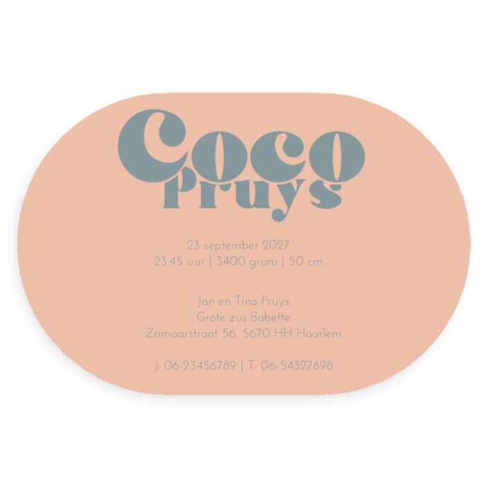 Ovaal geboortekaartje grafisch blauw roze