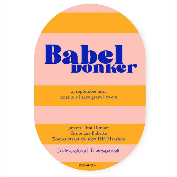 Geboortekaartje in ovaal vorm brede strepen. Lekkere vrolijke kleuren en vormen zijn helemaal een hit tegenwoordig, color blocking dat de kleuren van het kaartje afspatten. Met dit kaartje zit je wel goed, vraag eens een gratis proefkaart aan.