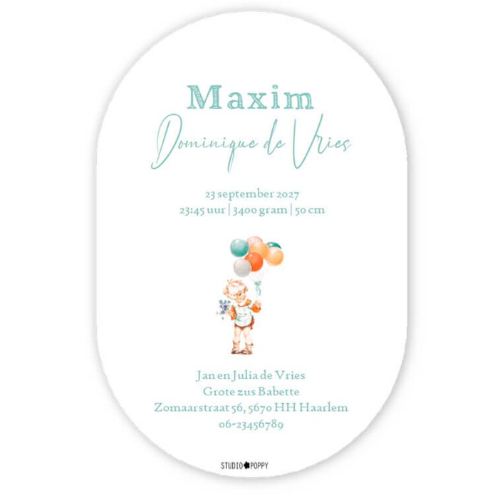 Geboortekaartje ovaal vorm met retro afbeelding. Een mandje met baby en tros ballonnen er aan gebonden. Mooie pasteltinten maken het een eigentijds retro geboortekaartje met beetje nostalgie naar vroeger. Vintage retro op een bijzondere manier door de bij