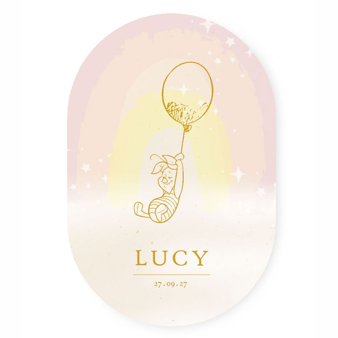 Een heel stijlvol geboortekaartje met originele illustratie van Piglet met ballon met accent in folie. Prachtig klassiek geboortekaartje met regenboog en sterren dat ongetwijfeld tijdloos is. We hebben treffende quotes die je kunt gebruiken als mooie bood