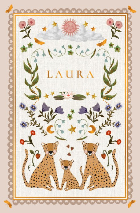 Geboortekaartje in folklore stijl. Illustratieve panter familie, maan en bloemen zijn samengevoegd tot een folkloristisch geboortekaartje. Prachtig kader maakt het extra illustratief en naar wens te veranderen van kleur. Folie behoort tot de mogelijkheden