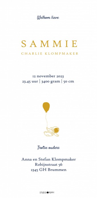 Geboortekaartje planeten, astronauten en sterren in mooie warme kleuren. Een modern en eigentijds ontwerp waar je jouw eigen twist nog aan kan geven. Met de editor tool kun je het lettertype en kleuren aanpassen. Ook kun je zelf planeten toevoegen en nog 