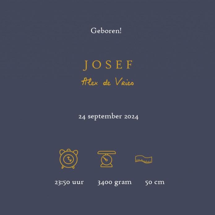 Geboortekaartje blauw met goudfolie planeten, maan en sterren. Er zijn 4 soorten foliedruk te selecteren: goudfolie, zilverfolie, koperfolie en rosegoudfolie.  - Alle elementen dienen wel in dezelfde folie gekozen te worden, het is niet mogelijk om meerde