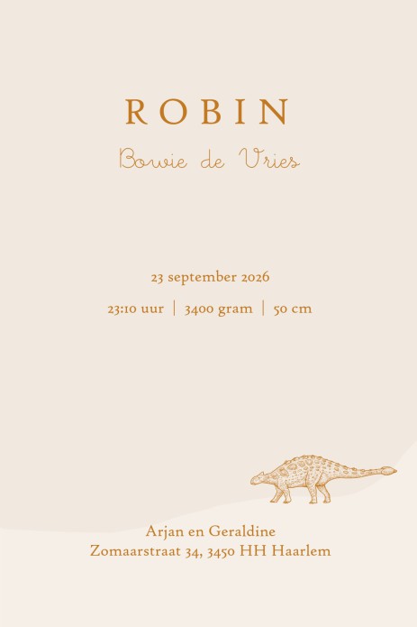 De trend van 2023 in geboortekaartjes. De dinosaurus komt veelvuldig terug op de geboortekaartjes, voor zowel jongens als meisjes. Dit geboortekaartje dinosaurus in mogelijk in foliedruk te drukken en de achtergrondkleur is eenvoudig aan te passen. Een di
