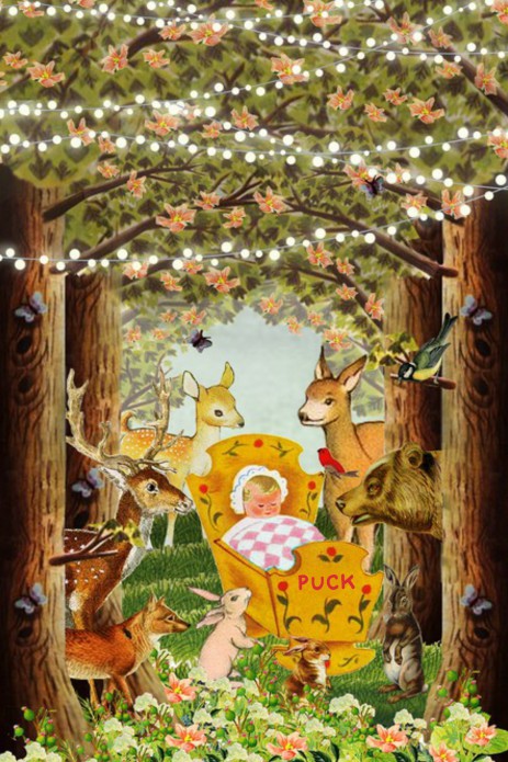 Geboortekaartje retro bos met bosdieren en wiegje