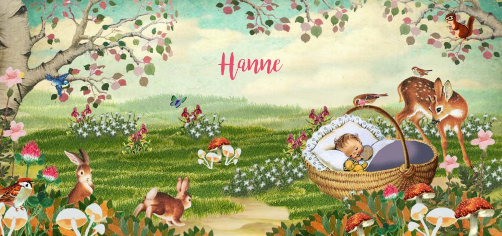 Geboortekaartje retro herfst bos met wiegje en hert