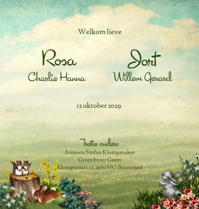 Geboortekaartje retro met tweeling in schommel wiegje. De tuin ligt er mooi bij met bloeiende bloemen en dieren. Een vintage geboortekaartje dat je doet denken aan vroeger, romantisch mandje met tweeling in de boom.