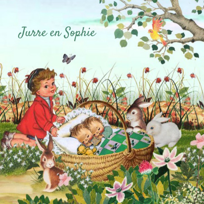 Geboortekaartje retro tweeling met broer of zus