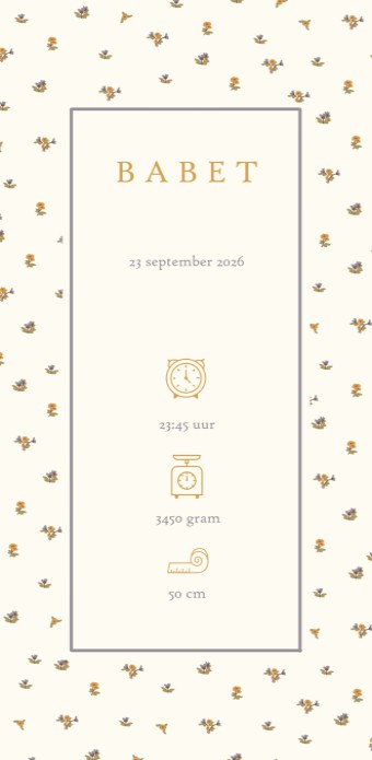 Een bijzonder geboortekaartje met handgeschilderde bloementakjes. Een romantisch, lief geboortekaartje dat ongetwijfeld tijdloos is. Klassiek maar wel op een nieuwe bijzondere manier. In de designtool kun je zelf aan de slag met verschillende lettertypes 