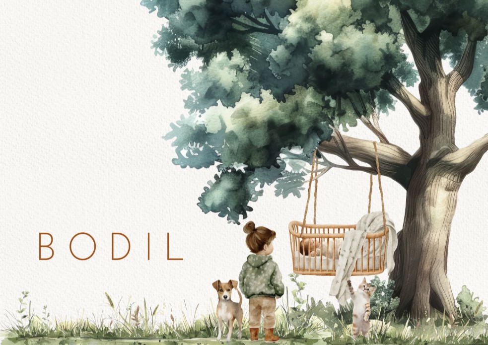 Geboortekaartje wiegje in de boom met grote zus