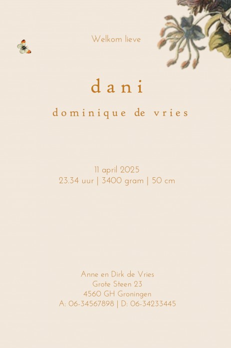 Geboortekaartje met vintage bloemen krans in prachtige tinten. Het folie accent maakt het een eigentijds en bijzonder geboortekaartje. Met de online editor kun je zelf aan de slag om hem helemaal uniek te maken. Vraag van dit romantische vintage geboortek