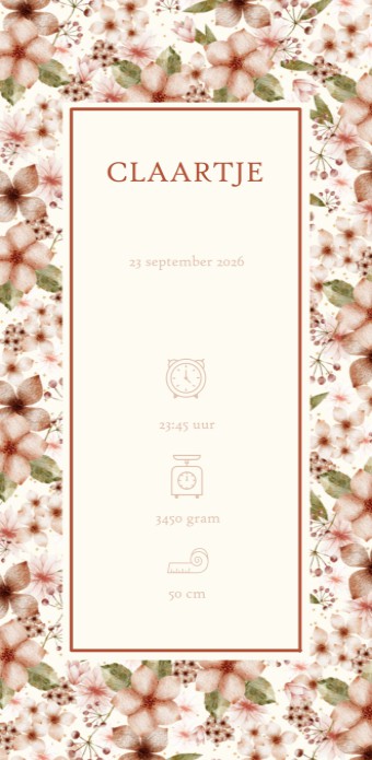 Een heel stijlvol geboortekaartje met originele handgeschilderde bloemen illustratie en accent in folie. Het is mogelijk om de kaart met ronde hoeken te bestellen voor een extra lief effect. De bloemen staan ook in de beeldbank voor een eigen versie van j