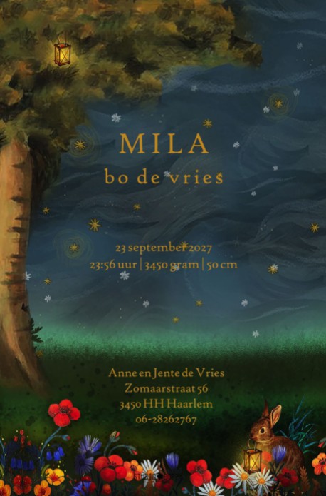 Geboortekaartje illustratief bos met hert en vos met lantaarntjes. De lantaarns lichten op in de avond in maanlicht. Dromerig geboortekaartje met bosdieren.