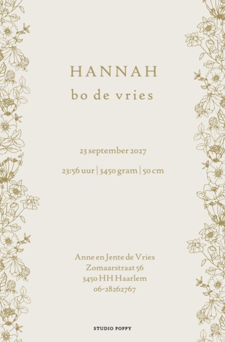 Een heel stijlvol geboortekaartje met handgetekend monogram. Het monogram is er uiteraard in alle letters van het alfabet. De bloemen zijn van kleur te veranderen, zo geef je er helemaal jouw eigen stijl aan. Klassiek botanisch geboortekaartje.