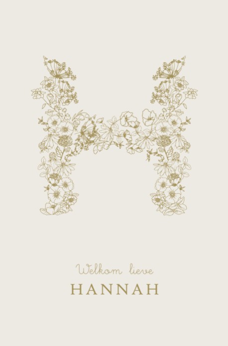 Een heel stijlvol geboortekaartje met handgetekend monogram. Het monogram is er uiteraard in alle letters van het alfabet. De bloemen zijn van kleur te veranderen, zo geef je er helemaal jouw eigen stijl aan. Klassiek botanisch geboortekaartje.