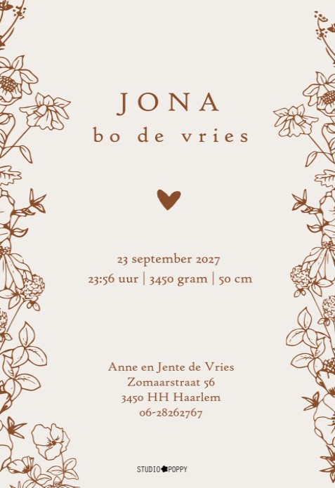 Geboortekaartje botanisch monogram voor elke letter van het alfabet. Je kunt ze van kleur veranderen of zelfs laten drukken in goudfolie. Maak eens een account aan en probeer het zelf eens uit. Botanische geboortekaartjes voor iedereen die dicht bij de na