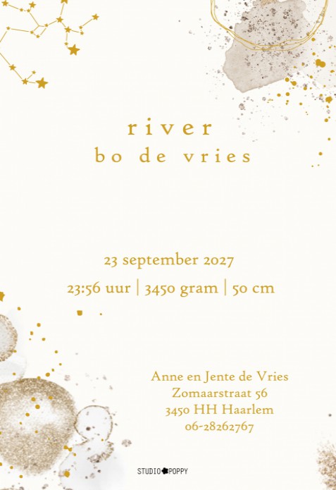 Schitterend romantisch watercolour geboortekaartje met glitter accenten. Zowel zonder als mèt echte foliedruk te bestellen. Klassiek en sereen geboortekaartje voor als je van romantisch houdt. Vraag eens een proefkaart aan en personaliseer hem zelf in de 