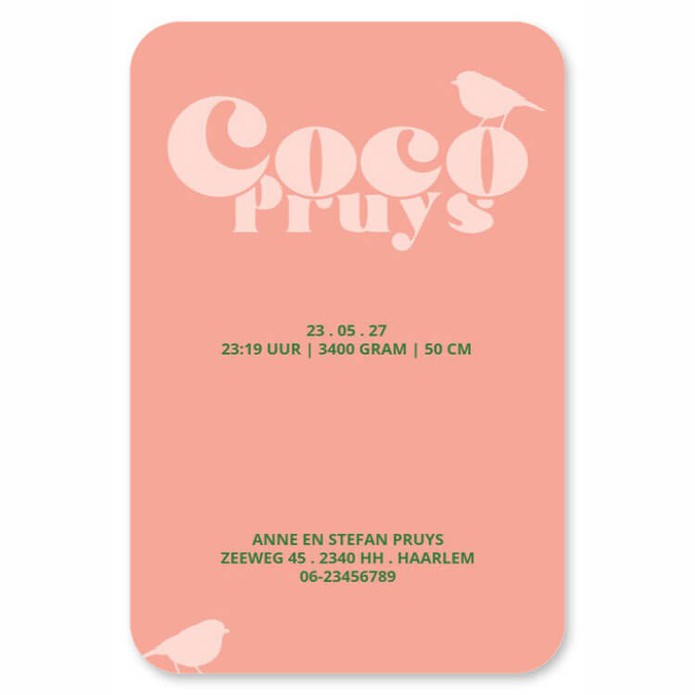 Hip geboortekaartje in heldere warme kleuren. Grootse vormen voor een groots effect. De ronde hoeken maken het een bijzonder geboortekaartje voor jullie baby. Kleuren veranderen is geen enkel probleem met de editor. Ook het lettertype kun je makkelijk zel