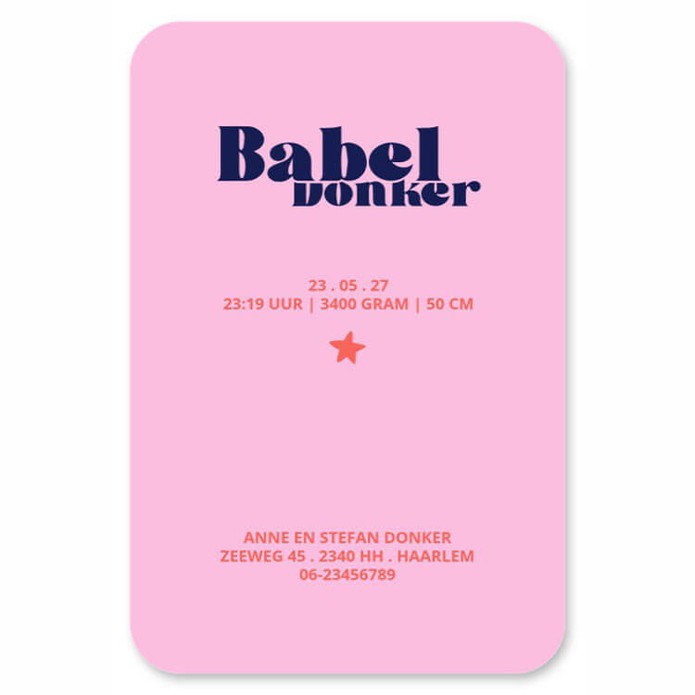 Hip geboortekaartje in heldere warme kleuren. Grootse vormen voor een groots effect. De ronde hoeken maken het een bijzonder geboortekaartje voor jullie baby. Kleuren veranderen is geen enkel probleem met de editor. Ook het lettertype kun je makkelijk zel