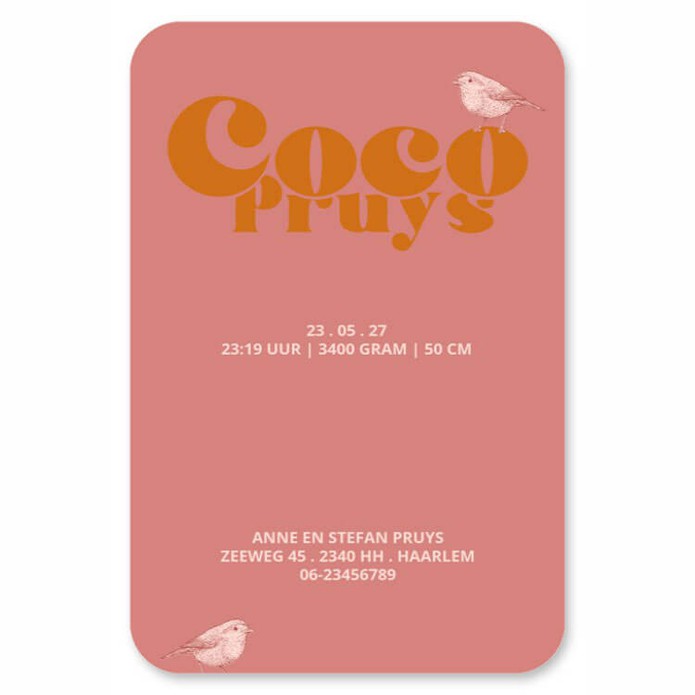 Hip geboortekaartje in heldere warme kleuren. Grootse vormen voor een groots effect. De ronde hoeken maken het een bijzonder geboortekaartje voor jullie baby. Kleuren veranderen is geen enkel probleem met de editor. Ook het lettertype kun je makkelijk zel