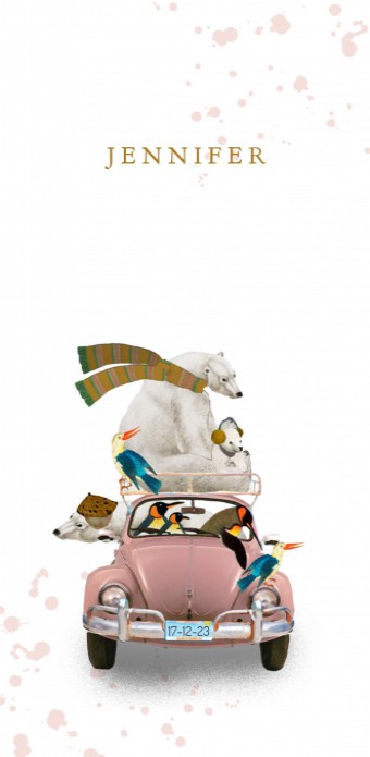 Geboortekaartje roze volkswagen ijsbeer en pinguin