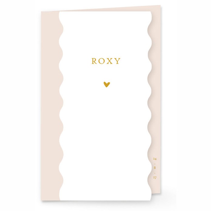 Een uniek geboortekaartje met golvende rand. Een klassiek geboortekaartje maar wel op een hele bijzondere wijze vervaardigd. Het is ook mogelijk om er folie aan toe te voegen. Met de editor kun je zelf de kaart personaliseren.