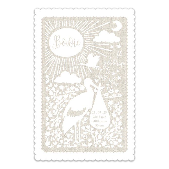 Een heel bijzonder off-set look geboortekaartje met ooievaar en wolkjes. Een illustratief silhouette geboortekaartje met achtergrondkleuren die aan te passen zijn. De ooievaar heeft een knapzak met de gegevens van jullie babietje.