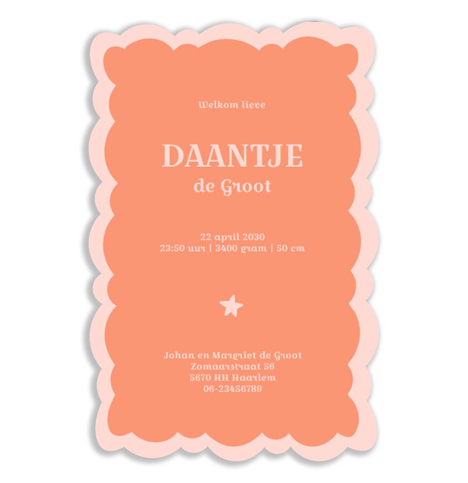 Geboortekaartje in een bijzondere vorm. Het kader is geïnspireerd op de barok en het is in alle kleuren aan te passen. Een color blocking speels geboortekaartje voor hem of haar.