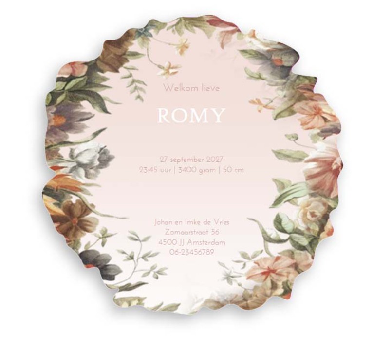 Een uniek geboortekaartje in speciale vorm! De vorm van de bloemenkrans wordt gestanst en maakt het een bijzondere vorm geboortekaartje. Romantisch geboortekaartje voor wie van bloemen houdt. Vraag eens de proefdruk aan.