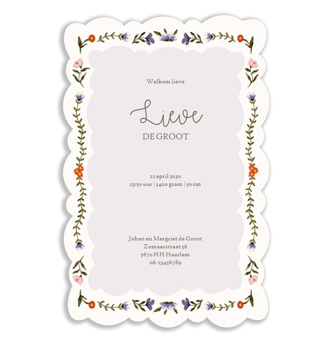 Geboortekaartje met barok kader met handgeschilderde bloemen. Het bloemen kader in illustratief en vooral heel lief. Een bijzonder geboortekaartje dat klassiek oogt maar zeker uniek is in zijn soort.