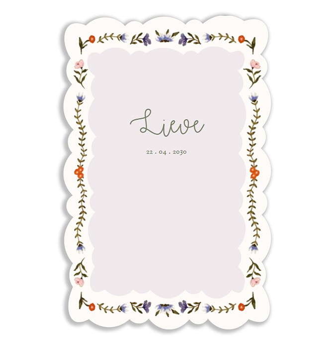 Geboortekaartje met barok kader met handgeschilderde bloemen. Het bloemen kader in illustratief en vooral heel lief. Een bijzonder geboortekaartje dat klassiek oogt maar zeker uniek is in zijn soort.