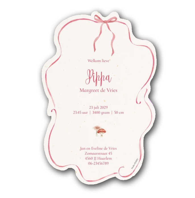 Prachtig geboortekaartje in bijzondere vorm. Het strikje in waterverf en lieve hertje maken het een heel bijzonder geboortekaartje. De paddenstoeltjes kun je vervangen voor bloemen als het lente is. Vraag eens de gratis proefkaart aan.