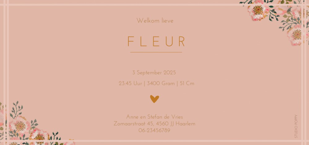 Een bijzonder geboortekaartje met handgeschilderde bloementakjes. Een romantisch, lief geboortekaartje dat ongetwijfeld tijdloos is. Klassiek maar wel op een nieuwe bijzondere manier. In de designtool kun je zelf aan de slag met verschillende lettertypes 