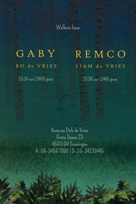 Geboortekaartje tweeling bos met beren met goudfolie of in onze andere varianten foliedruk. Er is keuze in 4 soorten foliedruk, zilver, goud, koper en rosegoud. Vraag eens een proefkaartje aan en ervaar zelf het verbluffende effect van de folie olifantjes