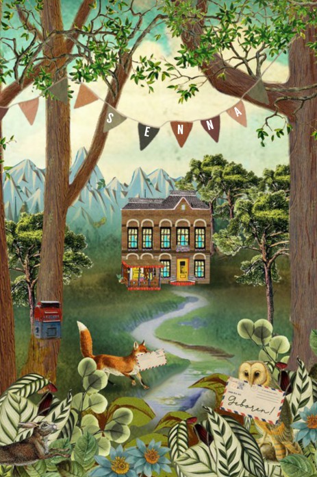 Geboortekaartje huis in bos met bosdieren