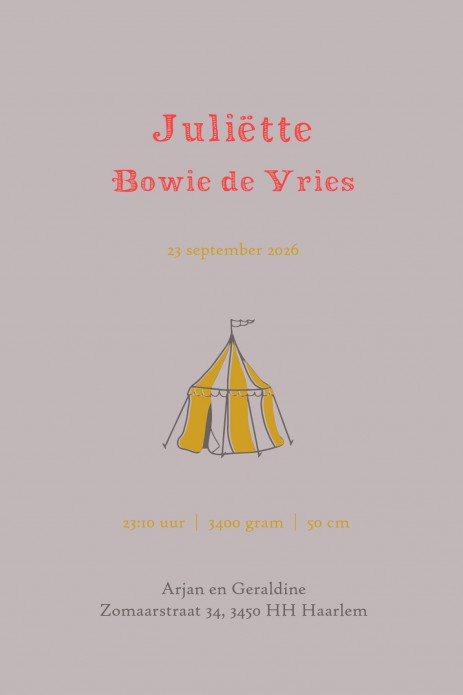 Een heel bijzonder vintage geboortekaartje in offset look met neon look accenten. Vintage circus met tijger, sterke man, pierrot, olifant en circustent op een smaakvolle manier geïllustreerd. Circus spreekt tot de verbeelding, een magische wereld dat zich