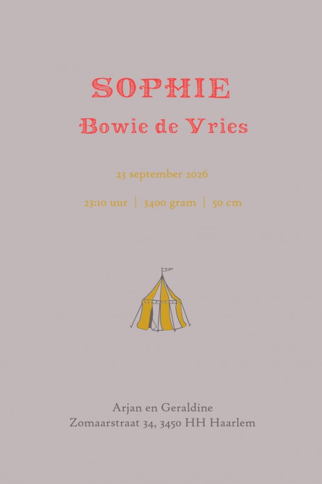 Een heel bijzonder vintage geboortekaartje in offset look met neon look accenten. Vintage circus met tijger, sterke man, pierrot, olifant en circustent op een smaakvolle manier geïllustreerd. Circus spreekt tot de verbeelding, een magische wereld dat zich